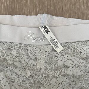 PINK Victoria's Secret Light Gray Lace Boyshort with Rhinestone Logo